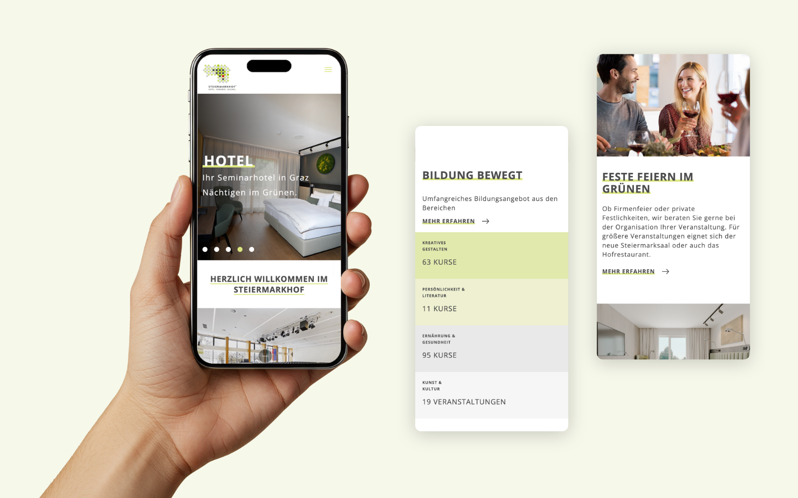 Drei Smartphone-Screenshots der Startseite des Steiermarkhofs mit Leistungen und Seminarübersicht.