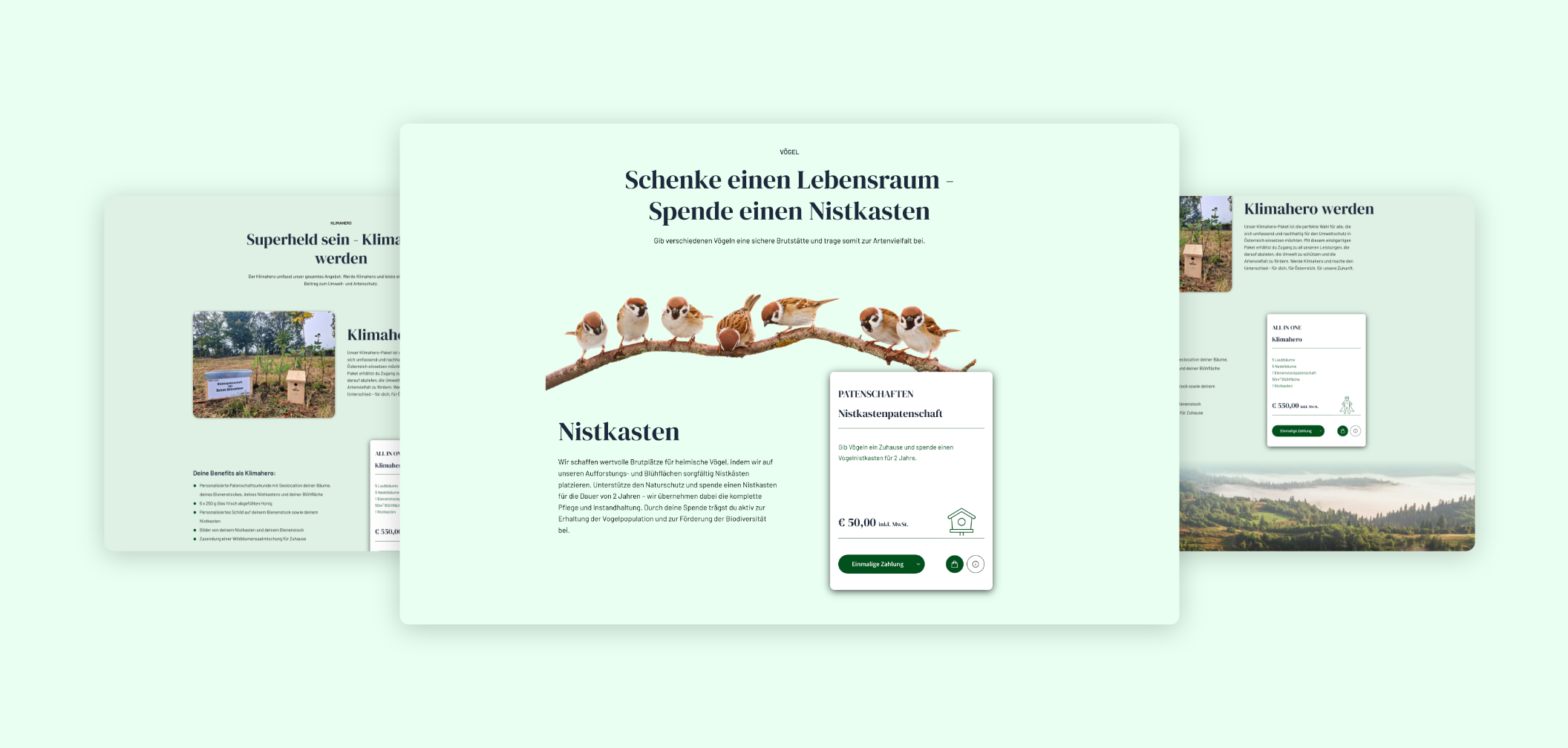 Drei Desktop-Screenshots mit Produkten zum Schaffen von Lebensraum für nistende Vögel.