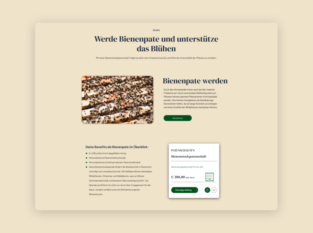 Desktop-Screenshot zum Produkt „Bienenpate werden“ mit beigem Hintergrund.