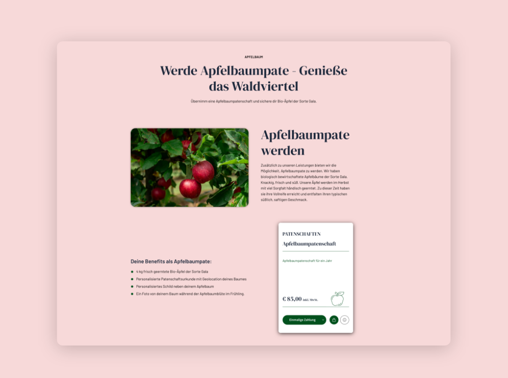 Desktop-Screenshot zum Produkt „Apfelbaum pflanzen“ mit pastellrotem Hintergrund.