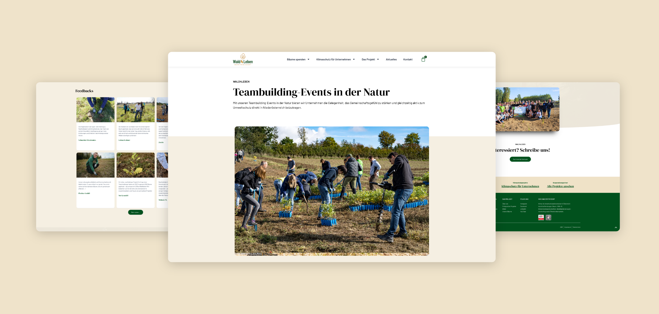 Drei Desktop-Screenshots zu Teambuilding-Events in der Natur mit Kundenfeedbacks bei Wald4Leben.