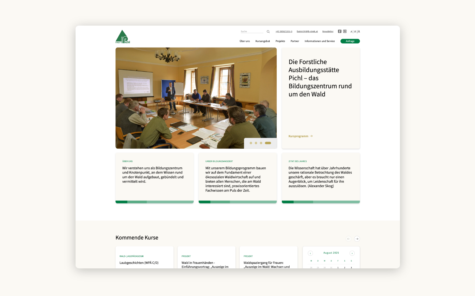 Desktop-Screenshot der Startseite von Fastpichl mit Seminar- und News-Übersicht.