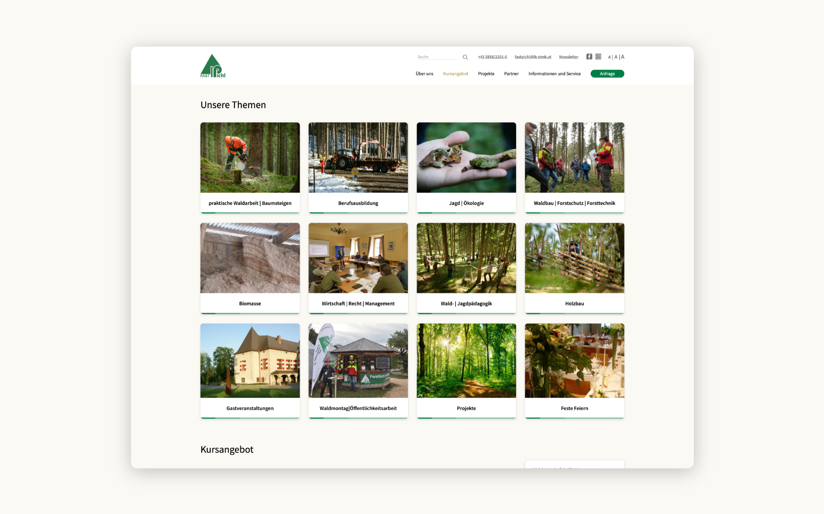 Desktop-Screenshot der Fastpichl-Seminare, übersichtlich dargestellt nach Kategorien.