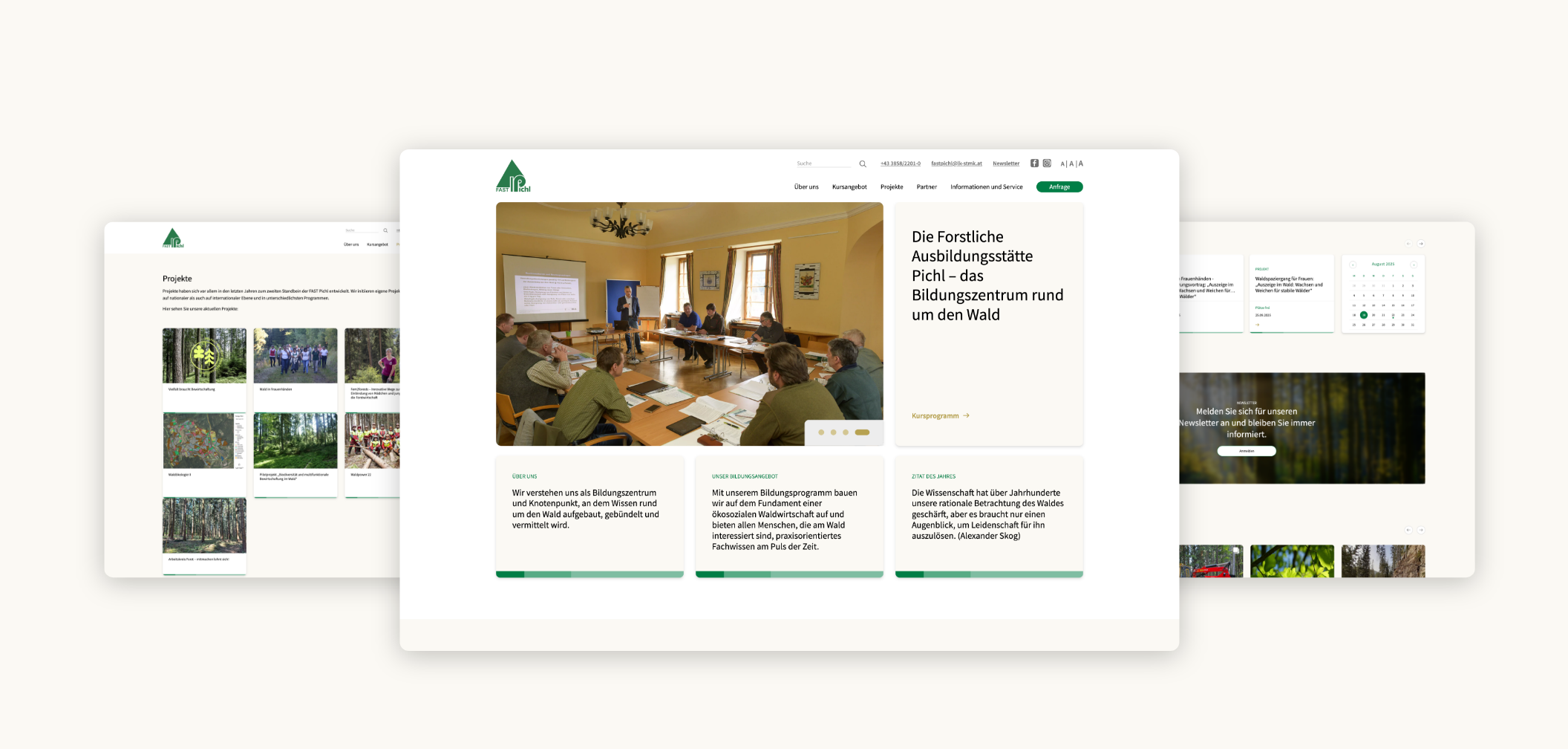 Drei Desktop-Screenshots der Startseite, des Kalenders und der Seminarübersicht von Fastpichl.