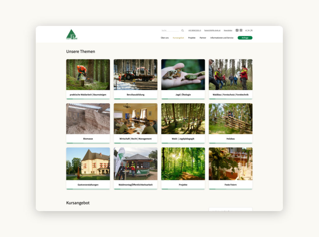 Desktop-Screenshot der Fastpichl-Seminare, übersichtlich dargestellt nach Kategorien.