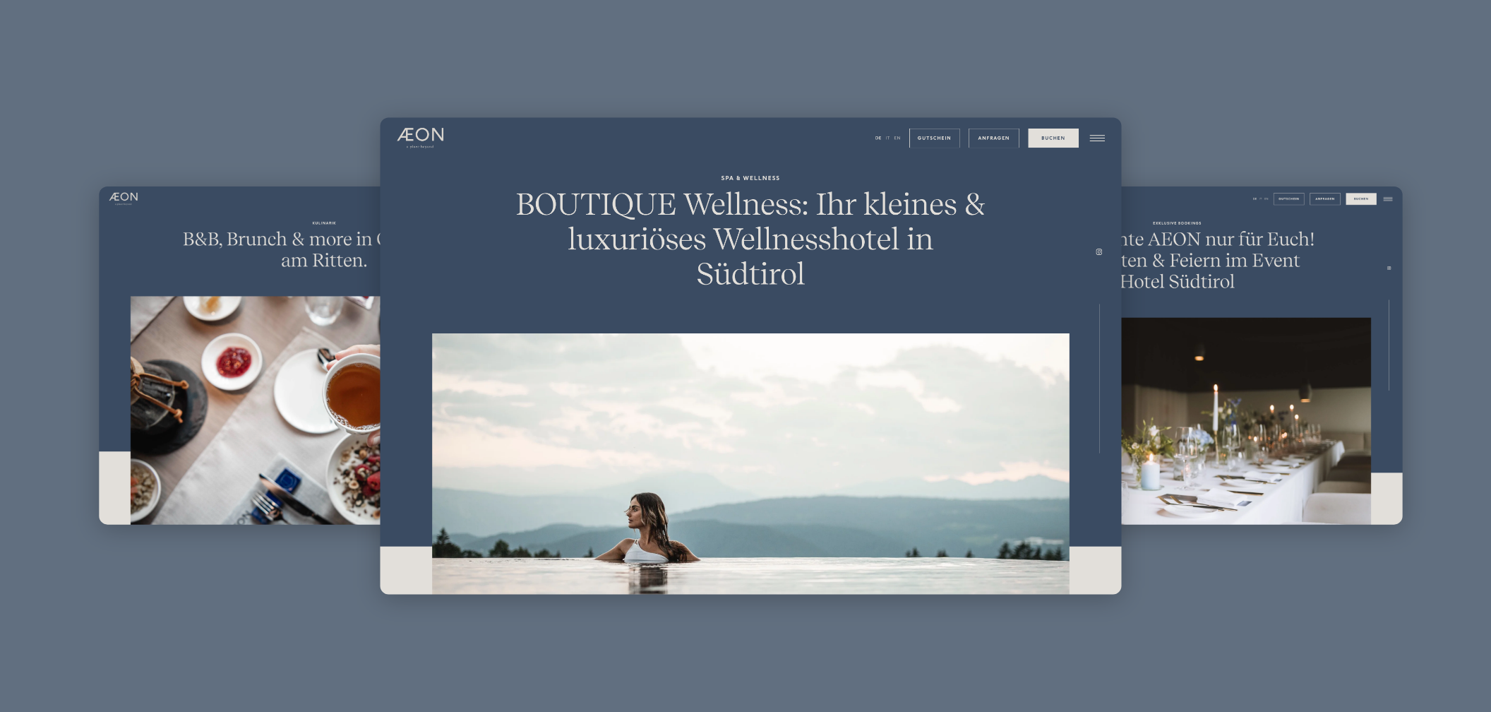 Drei Desktop-Screenshots mit Fullscreen-Bildern des Infinity-Pools, eines gedeckten Tisches und der Speisen im Aeon Wellnesshotel.