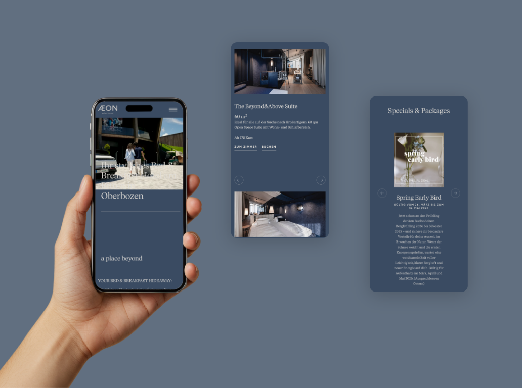 Drei Smartphone-Screenshots der Startseite und der Zimmer des Aeon Wellnesshotels.