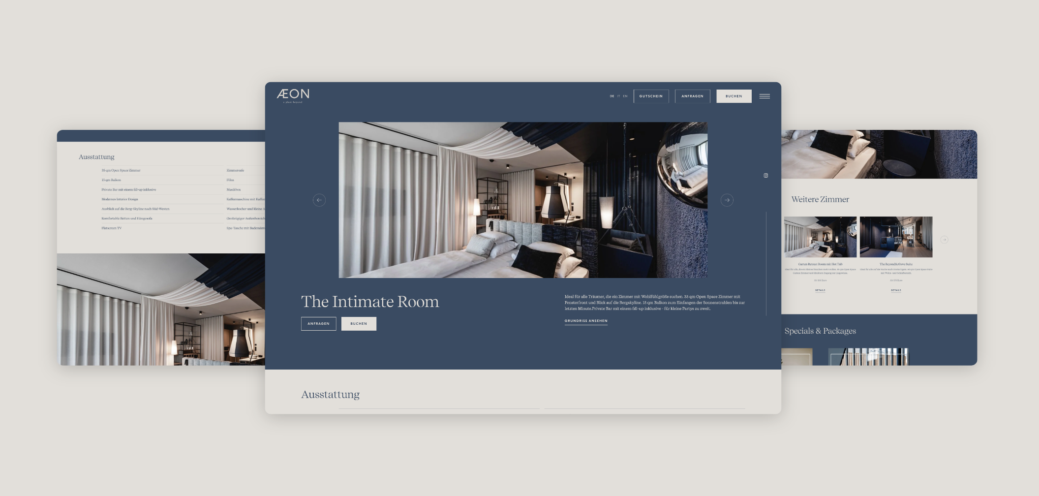 Drei Desktop-Screenshots mit Zimmern und Ausstattung des Aeon Wellnesshotels.