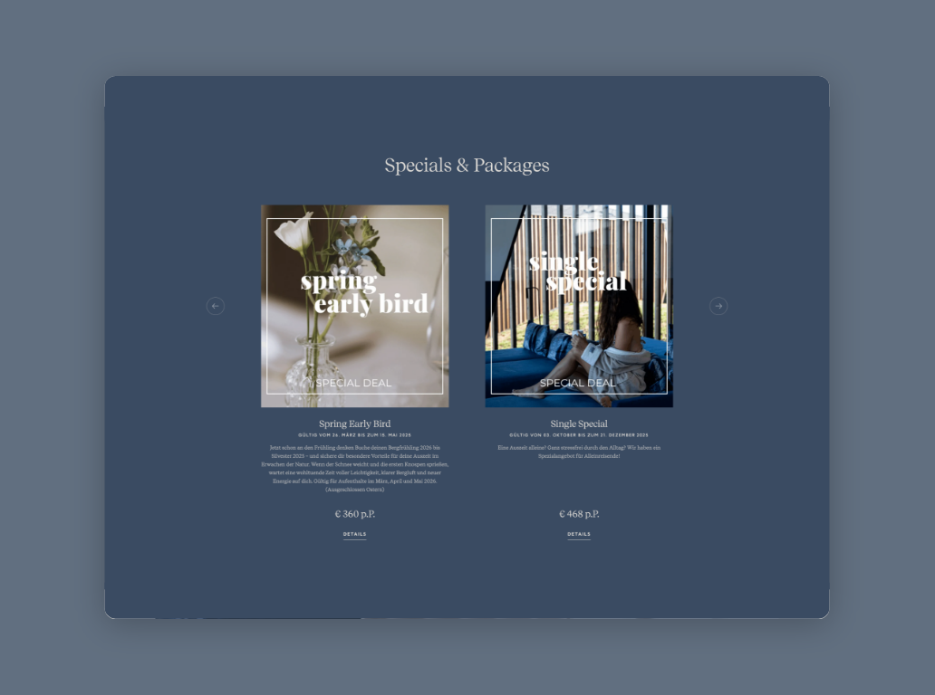 Desktop-Screenshot der Package-Angebote des Aeon Wellnesshotels.