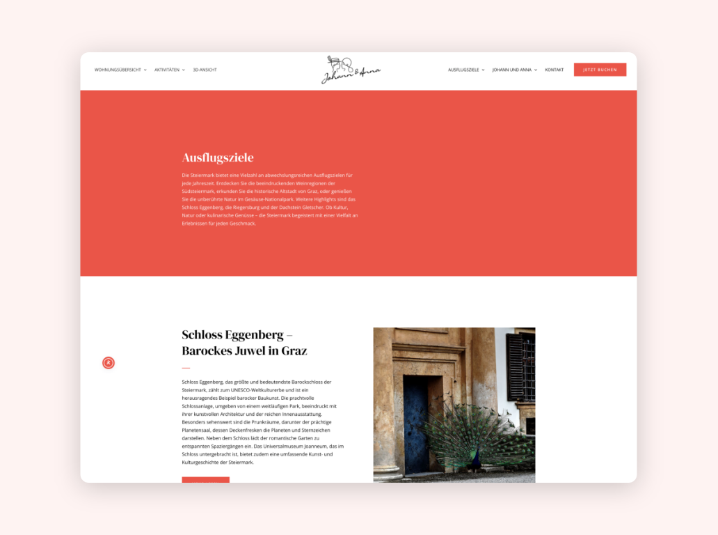 Desktop-Screenshot der Ausflugsziele mit dem Beispiel Schloss Eggenberg in Graz.