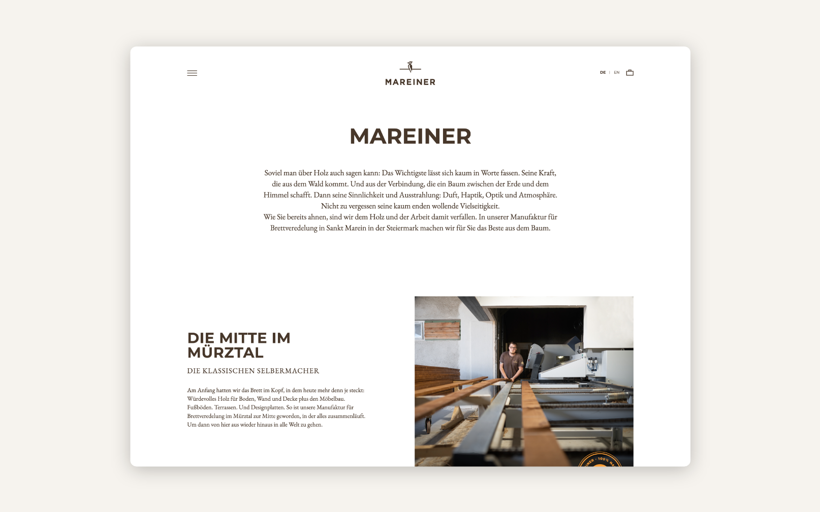 Desktop-Screenshot der „Über uns“-Seite von Mareiner Holz.