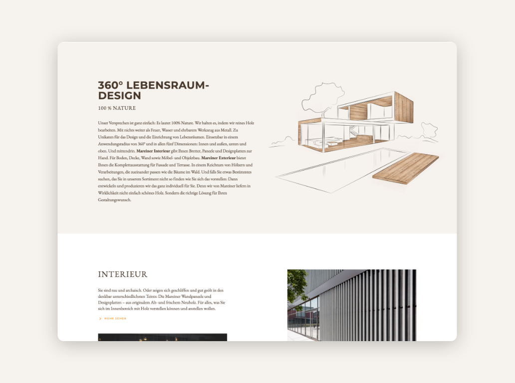 Desktop-Screenshot mit der Überschrift „360 Grad Lebensraum Design“.