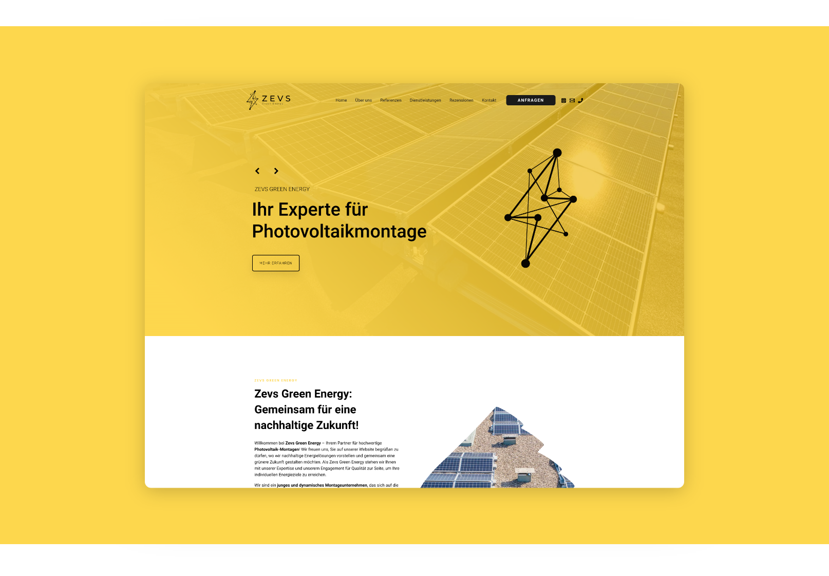 Desktop-Screens des Startseiten-Headers von Zevs Green Energy mit einem gelben Markenbild einer Photovoltaikanlage.