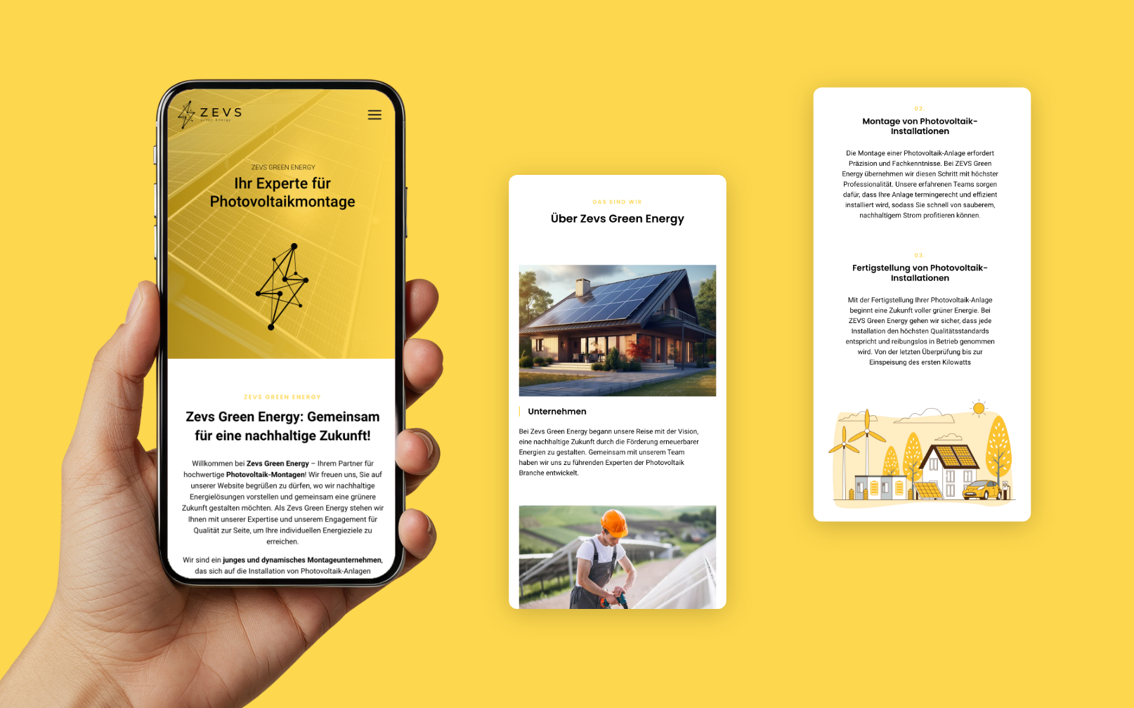 Drei Smartphone-Screens der Startseite mit Installation und Vorteilen.