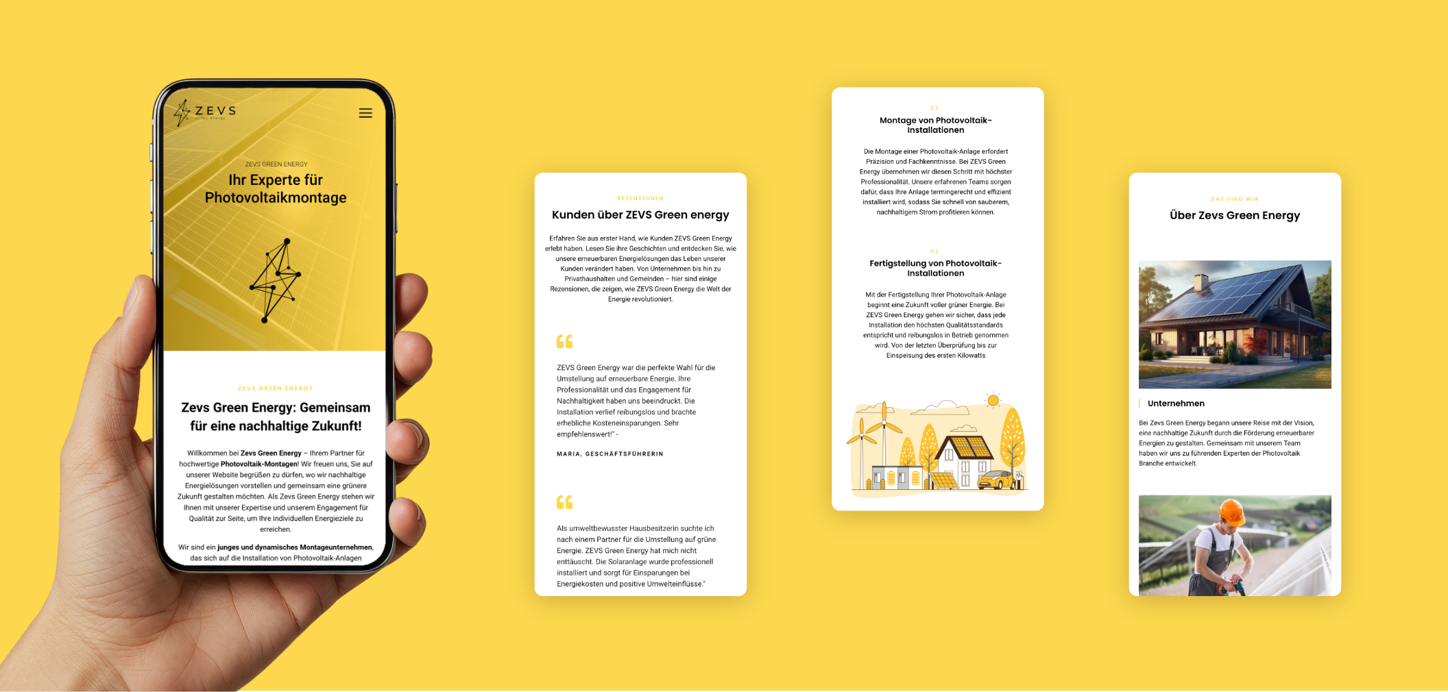 Vier Smartphone-Screens der Startseite mit Installation und Vorteilen.