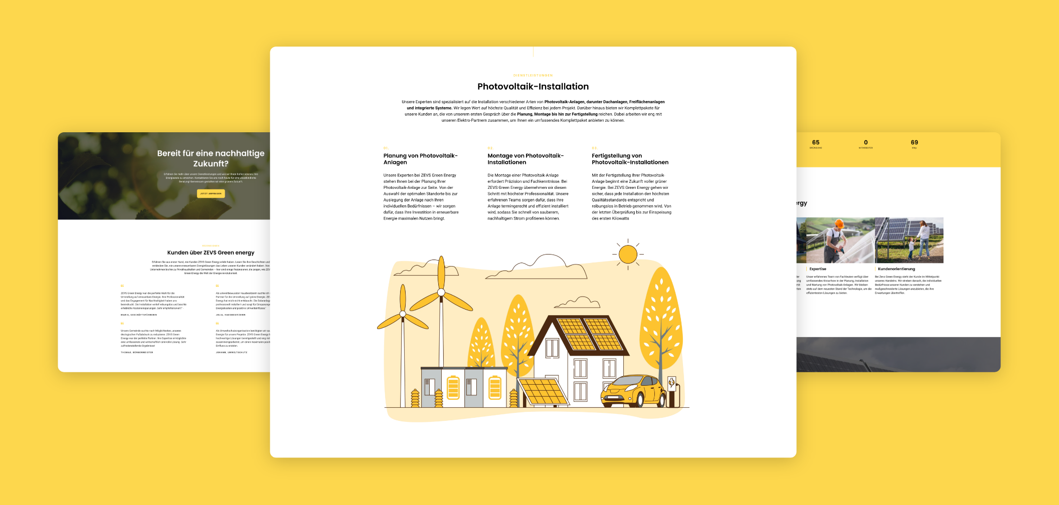 Drei Desktop-Screens zur Photovoltaik-Installation mit Illustration.