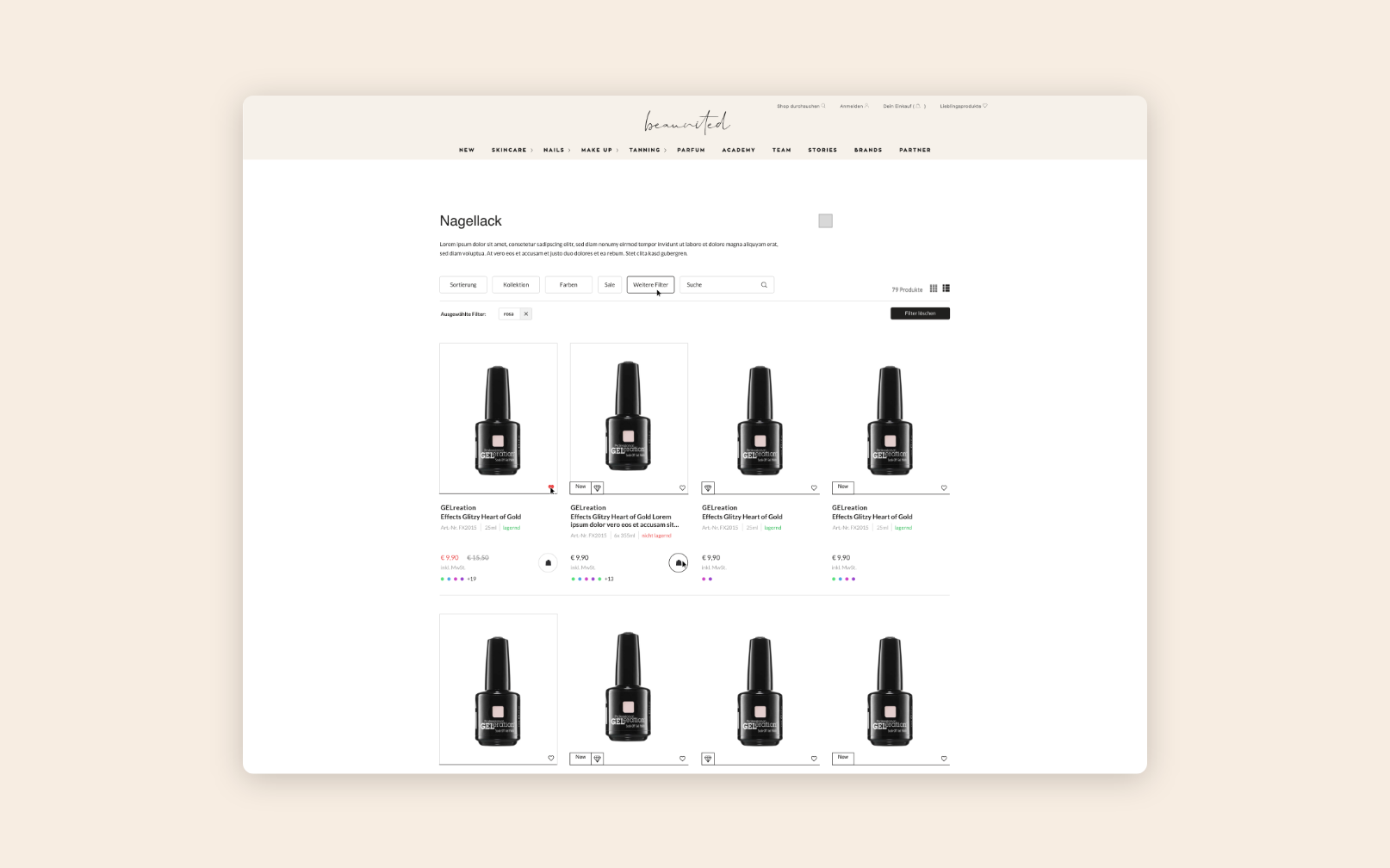 Desktop-Screens einer Produktdetailseite mit Farbauswahl.