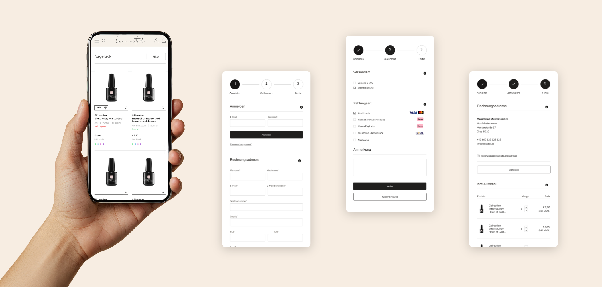 Smartphone-Screens des Onlineshops mit Produktbildern und Checkout-Prozess.