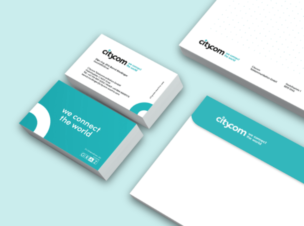 Citycom Visitenkarte mit Logo und Markenfarben.