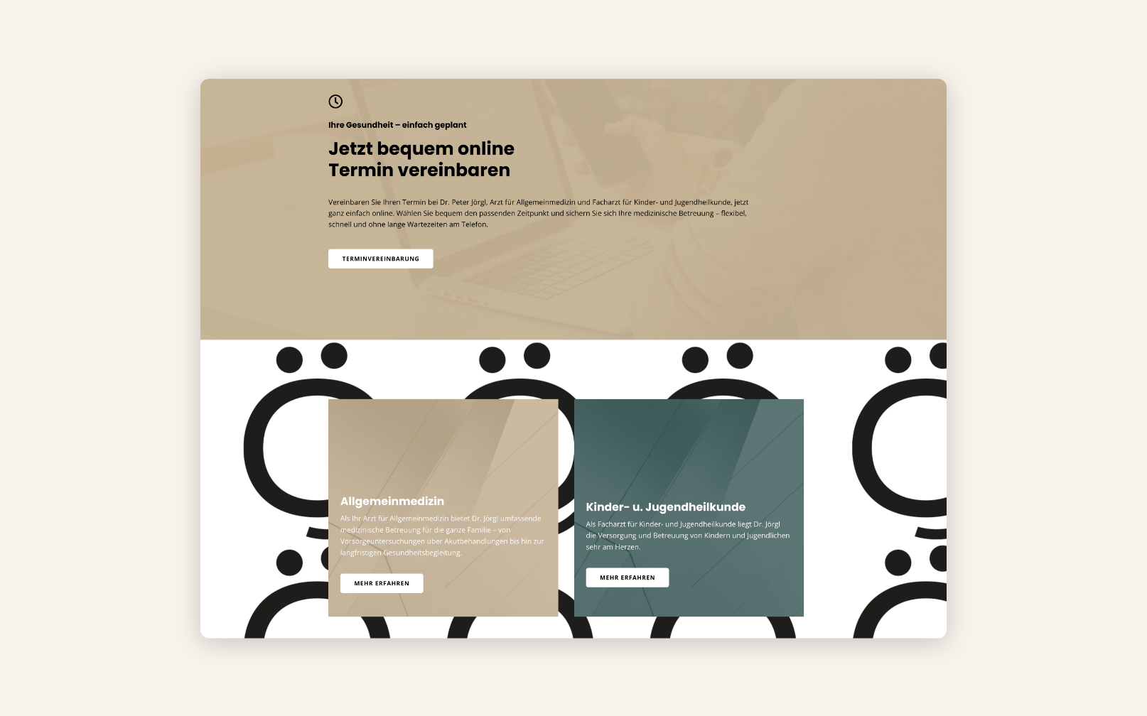 Desktop-Screenshot der Terminvereinbarung für Allgemeinmedizin sowie Kinder- und Jugendheilkunde.