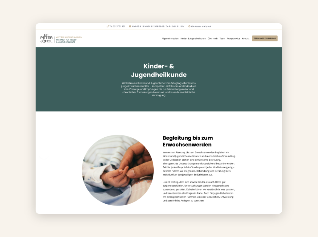 Desktop-Screenshot des Angebots für Kinder- und Jugendheilkunde.