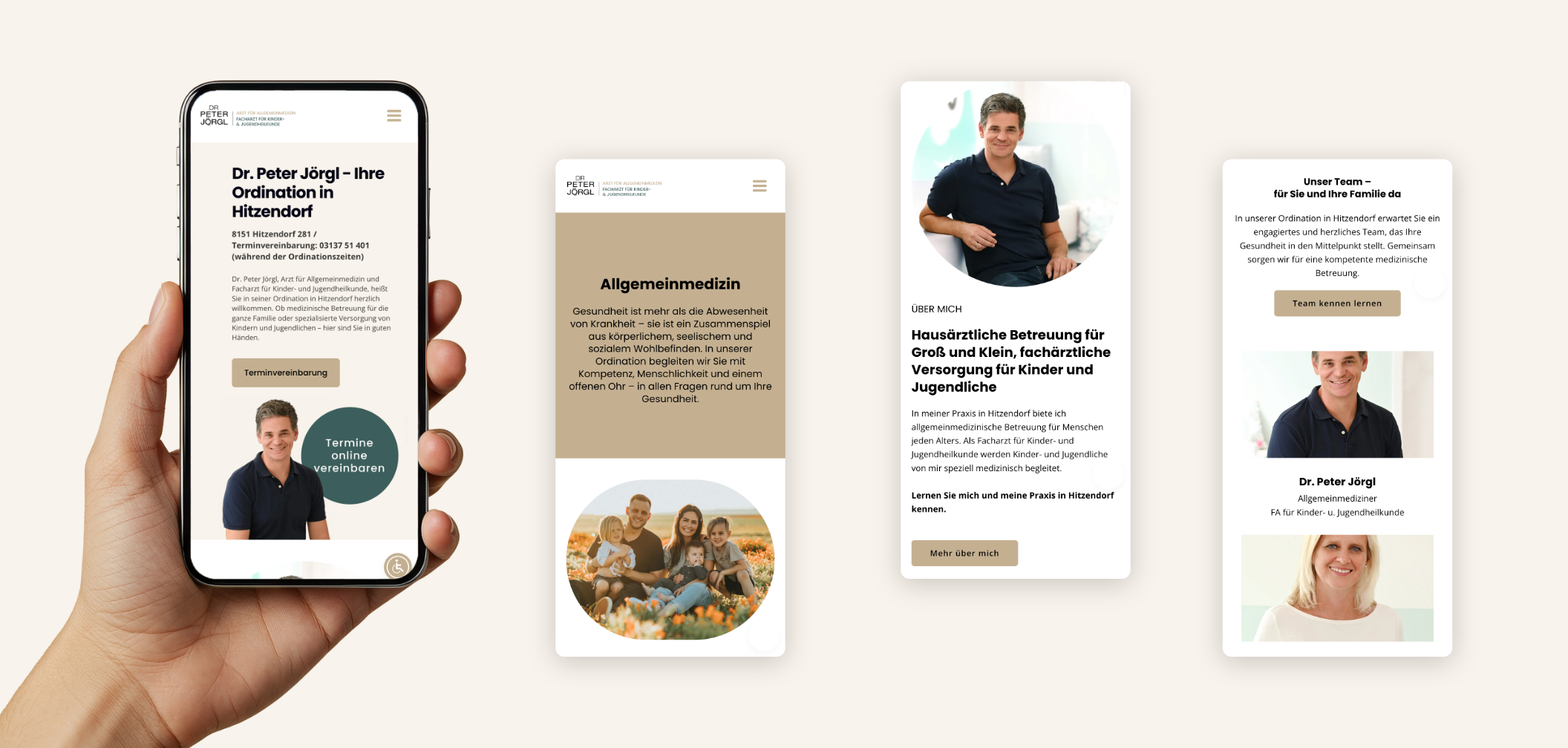 Vier Smartphone-Screens der Startseite mit Bild, Text, „Über mich“ und dem Leistungsangebot.
