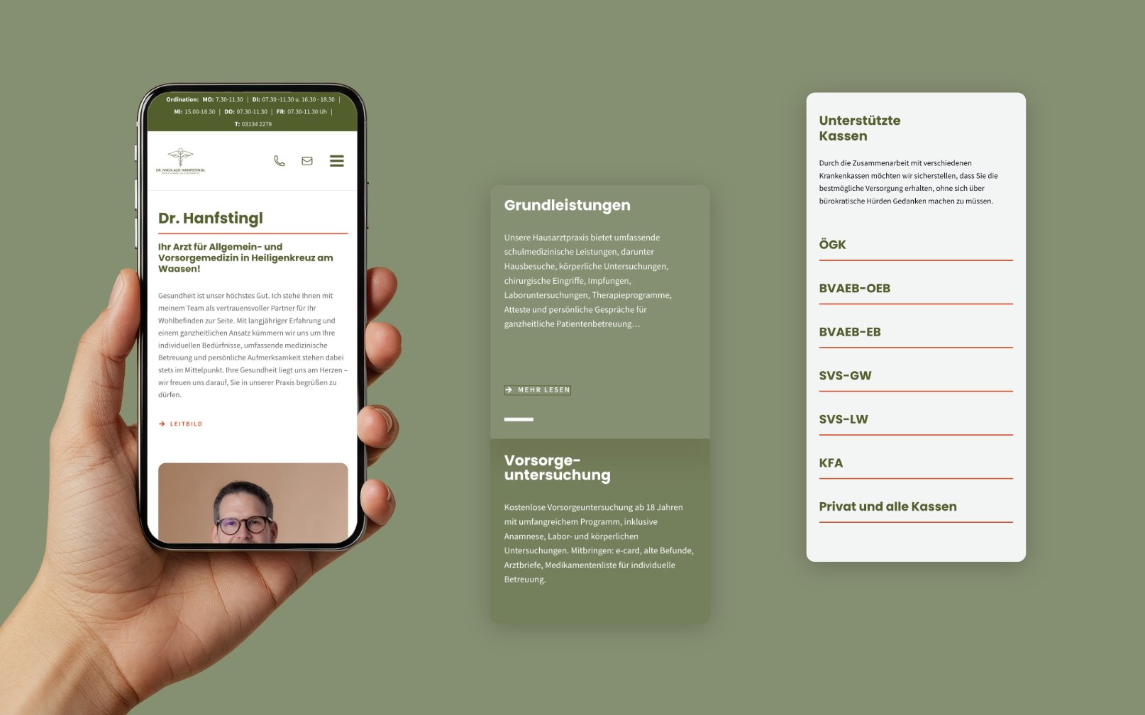 Drei Smartphone-Screens der Startseite mit Bild, Text und Verlinkungen zu weiteren Inhaltsseiten.