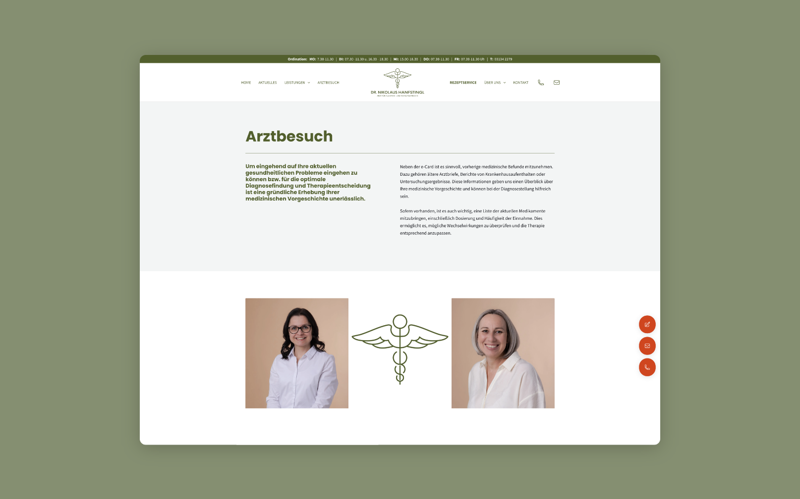 Desktop-Screenshot der Seite „Arztbesuch“ mit zwei Ärztinnen und erklärendem Text.