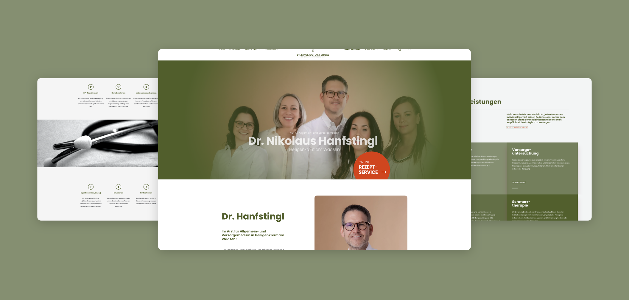 Desktop-Screenshot der Startseite mit Text und Teambild; im Hintergrund zwei weitere Screens der Startseite mit Angeboten und Vorteilen der Ordination.