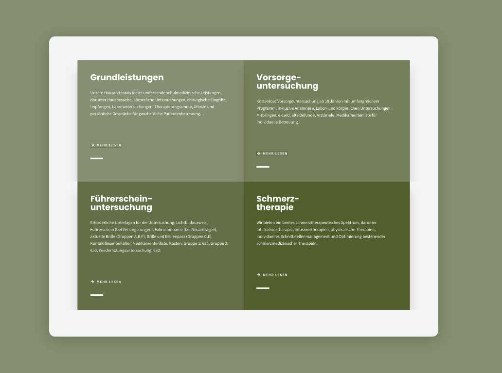 Desktop-Screenshot mit vier Kacheln der ärztlichen Leistungen.