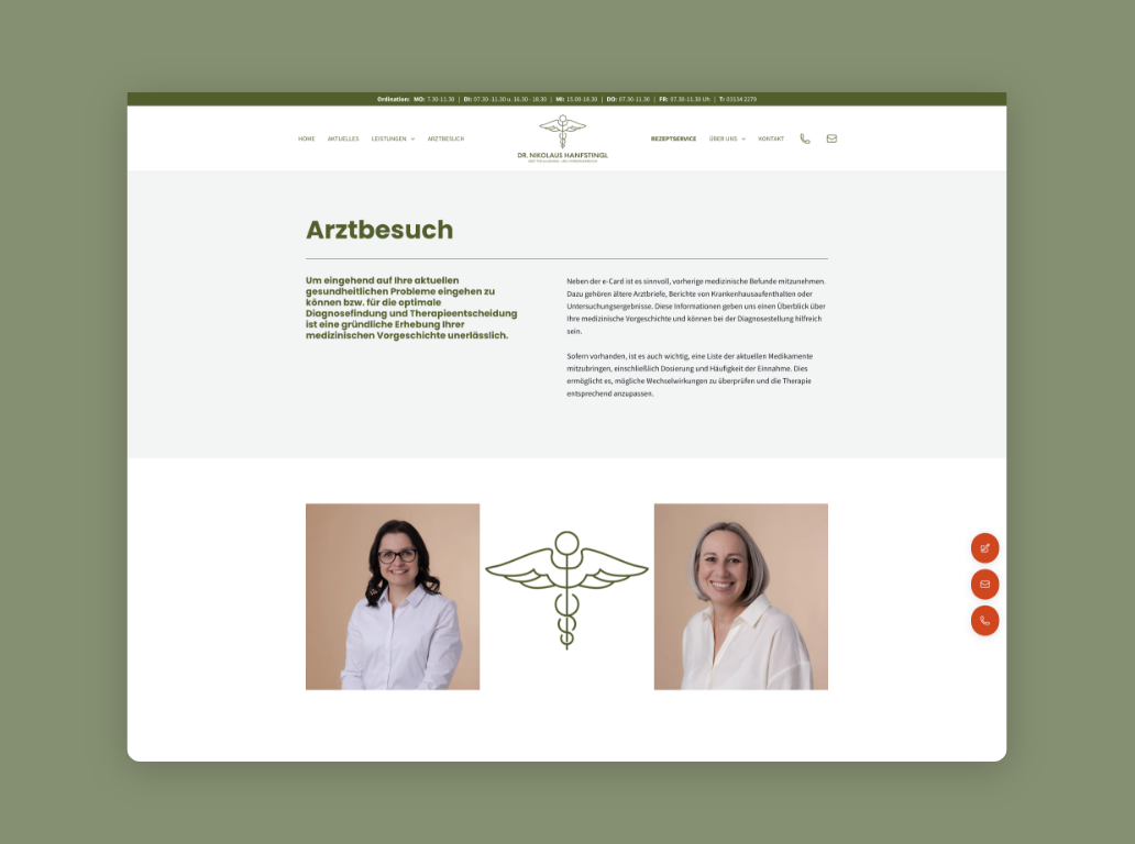 Desktop-Screenshot der Seite „Arztbesuch“ mit zwei Ärztinnen und erklärendem Text.