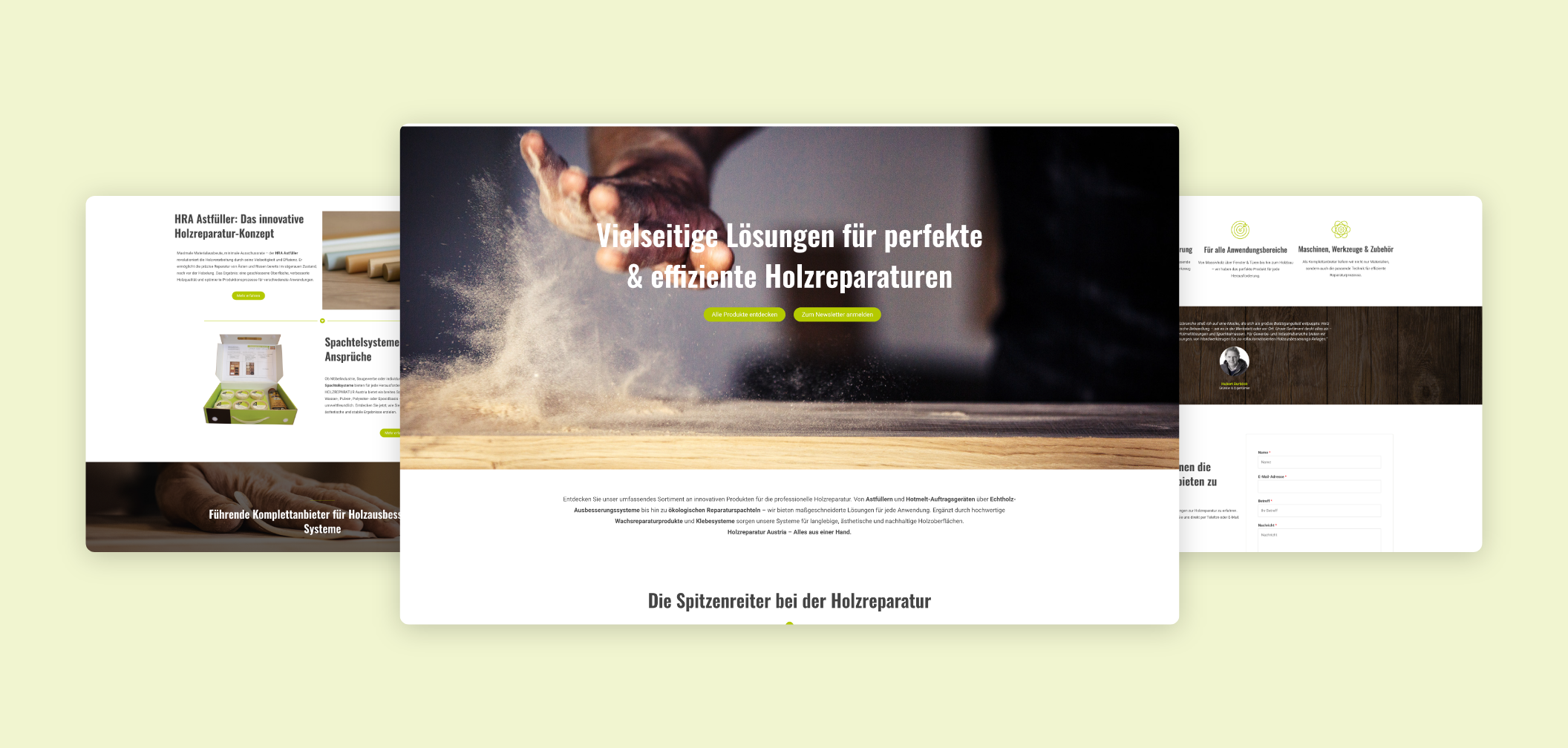 Drei Screens der Startseite von Holzreparatur.at mit Darstellung von Holzarbeiten, Serviceleistungen und Unternehmensinformationen.