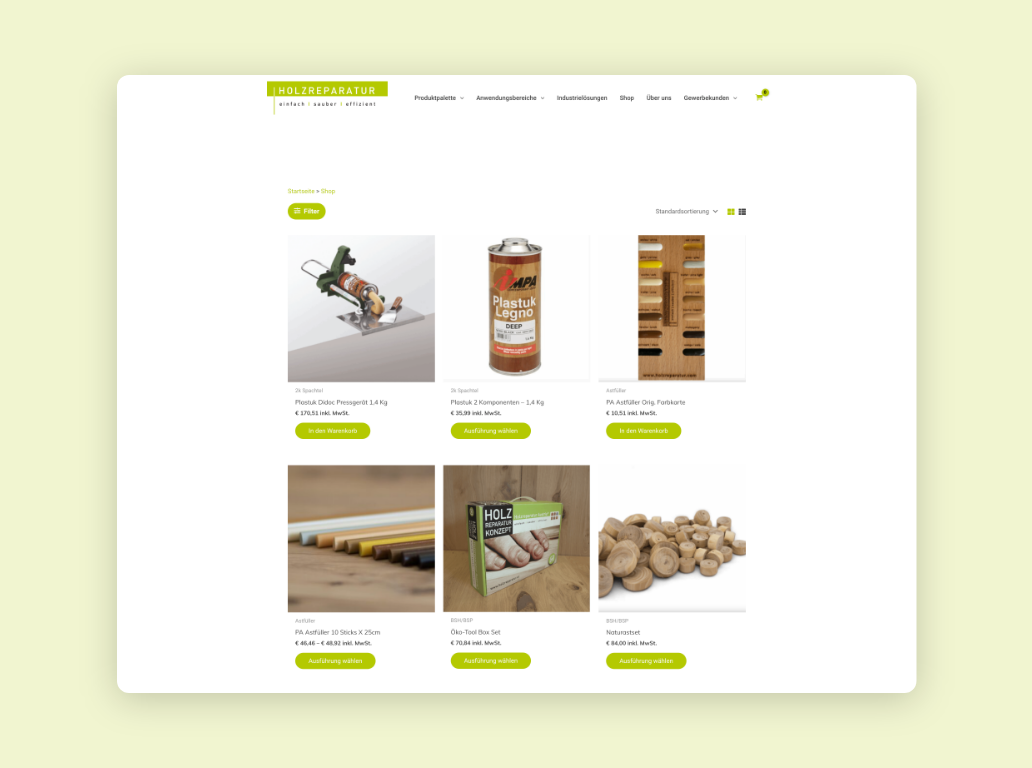 Screen der Übersichtsseite auf Holzreparatur.at mit mehreren Holzprodukten im Überblick.