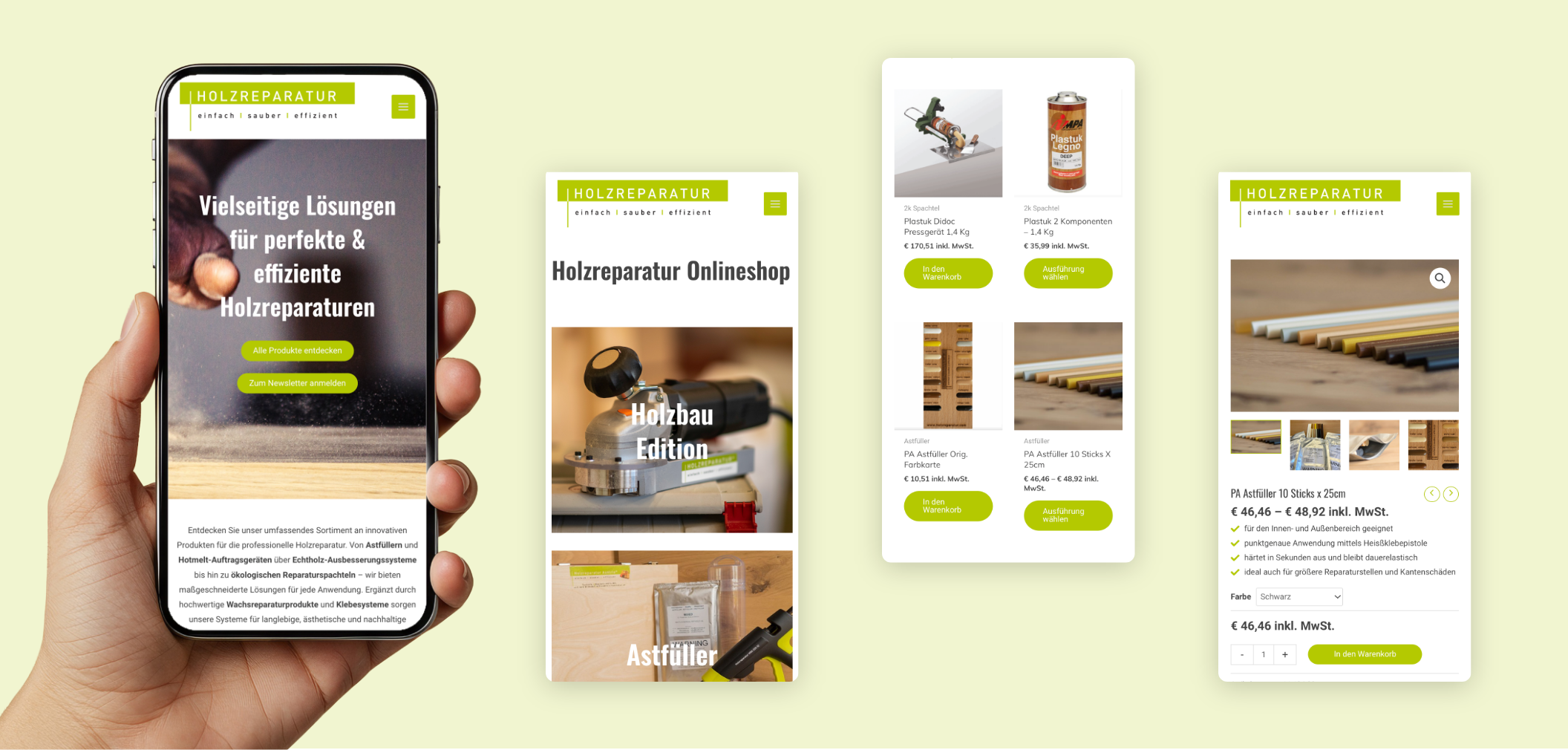 Vier Smartphone-Screens von Holzreparatur.at mit Startseite und Onlineshop-Ansicht.