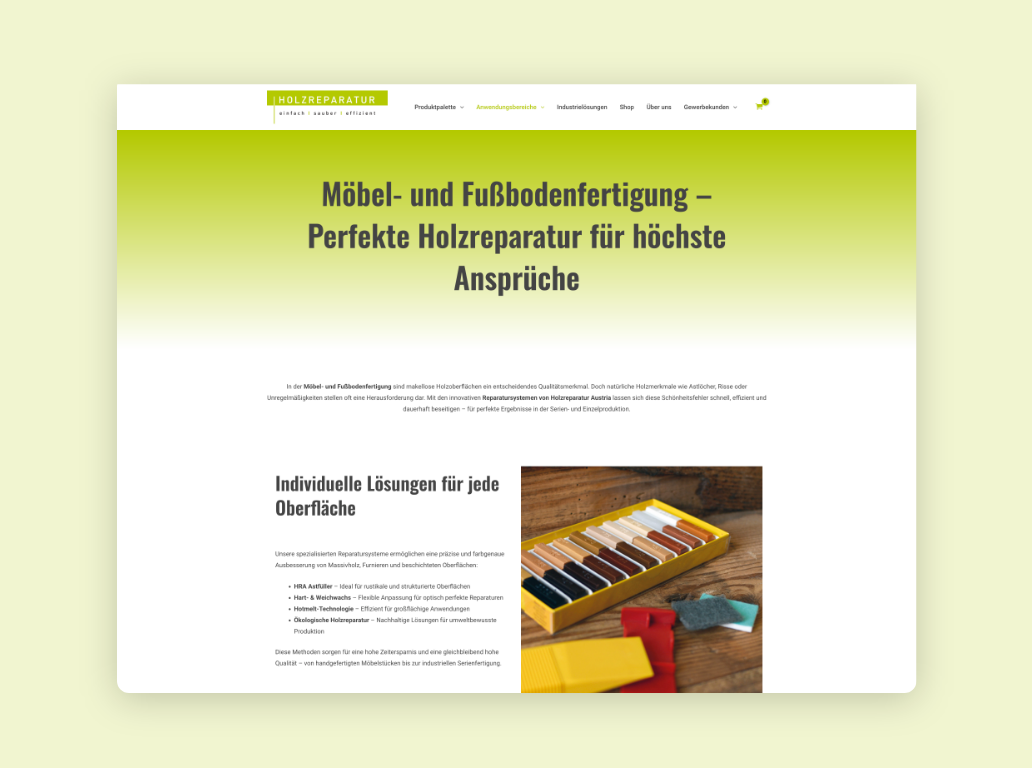 Screen auf Holzreparatur.at, der die verschiedenen Methoden der Holzreparatur erklärt.