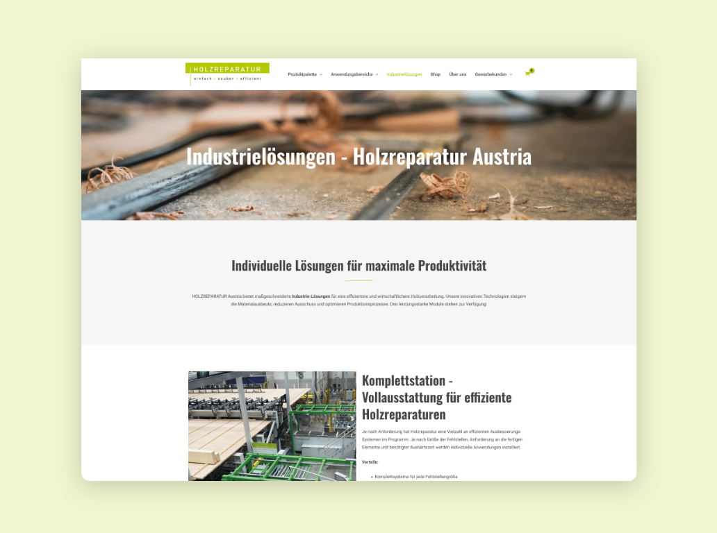 Screen auf Holzreparatur.at mit Informationen zu industriellen Lösungen für Holzverarbeitung und Reparatur.