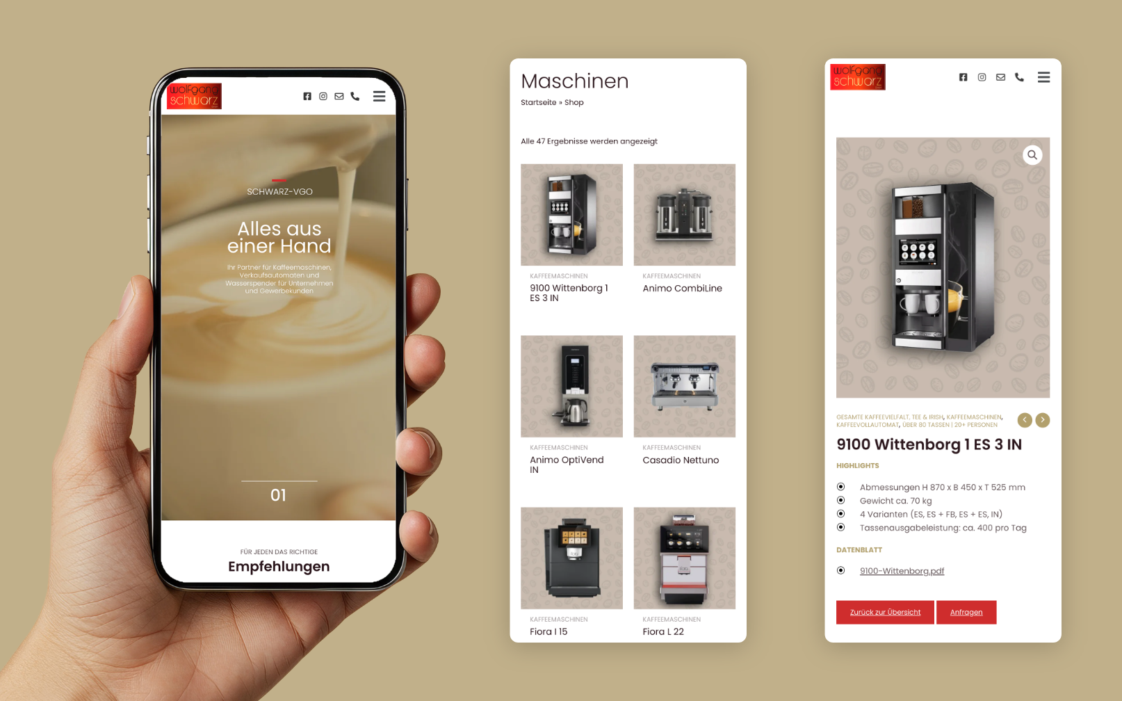Drei Smartphone screens des Online Shops