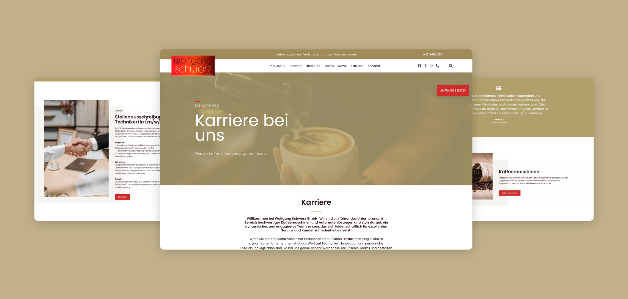 Drei Desktop screens der Startseite mit über uns und Leistungen.