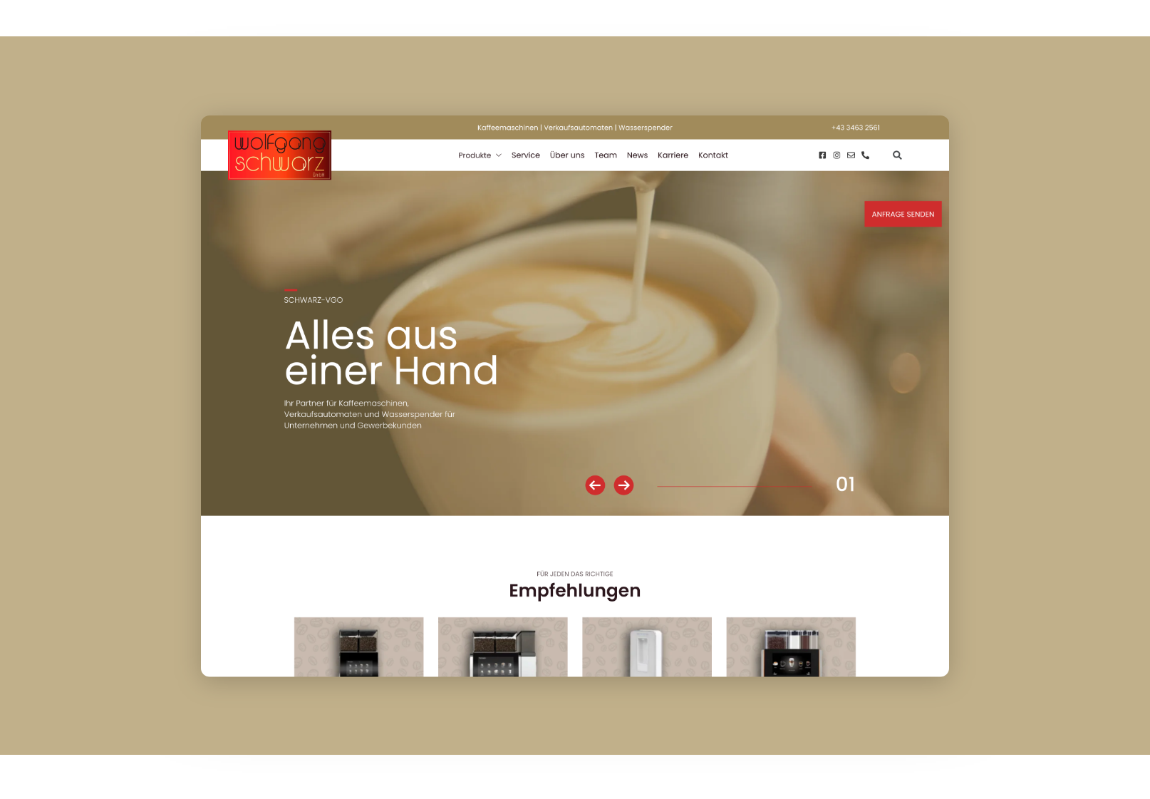 Desktop screen der Startseite mit Kaffee