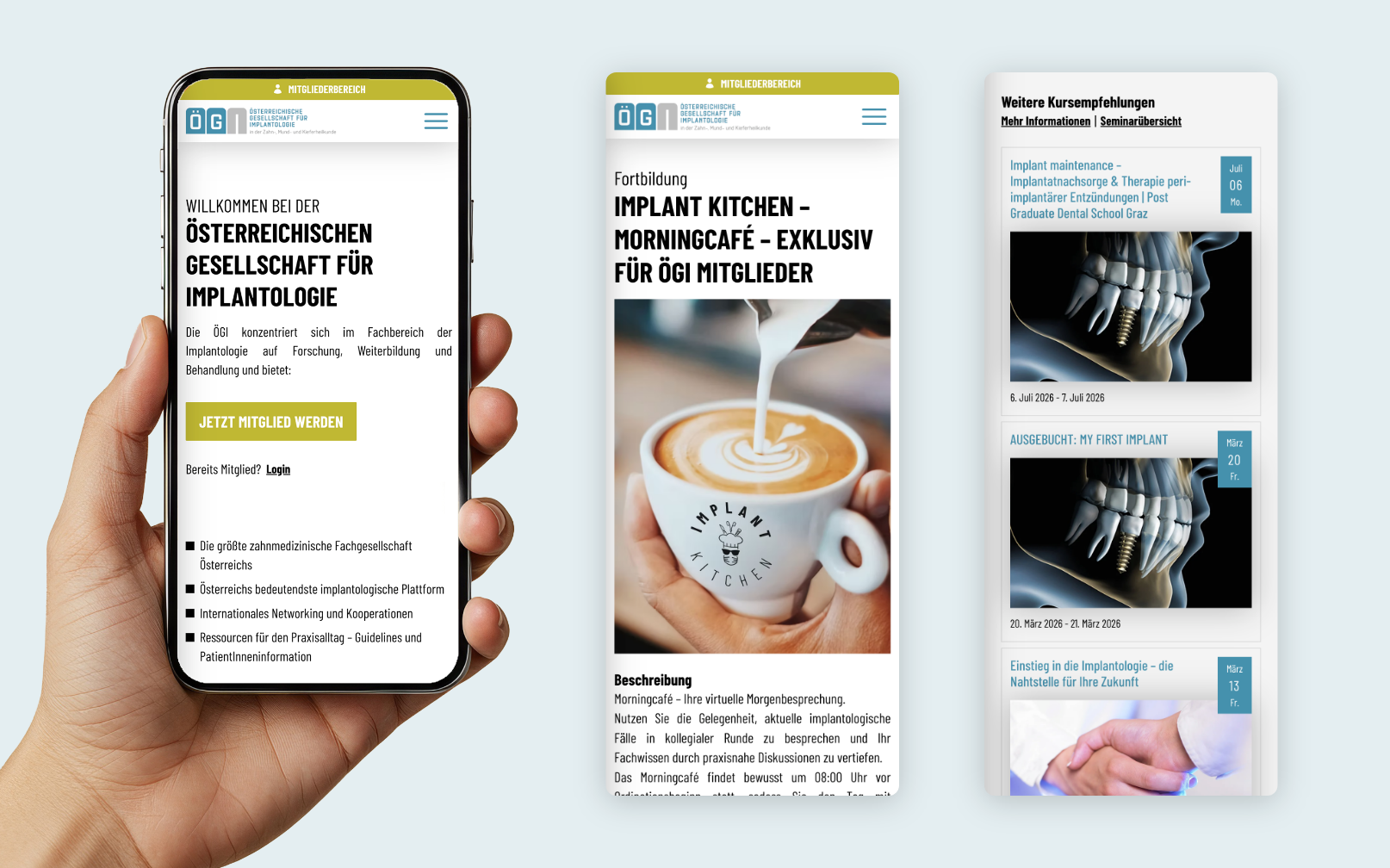 Drei Smartphone screen der Startseite und der Fortbildung