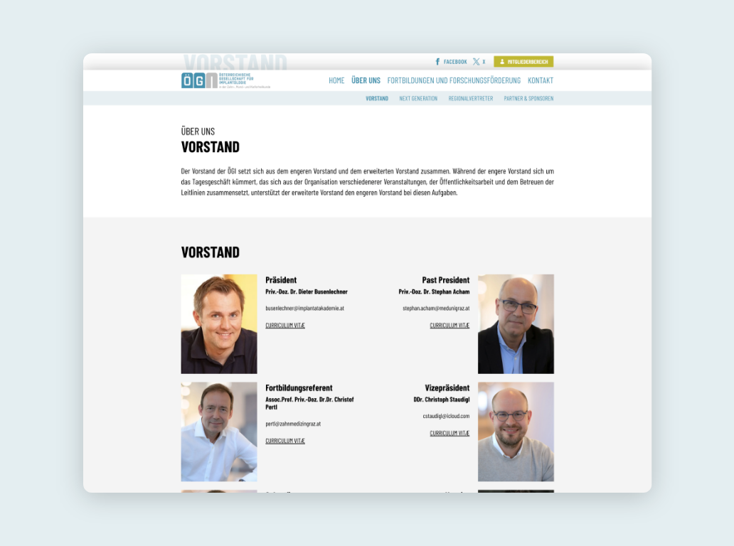 Desktop screen der Team Seite