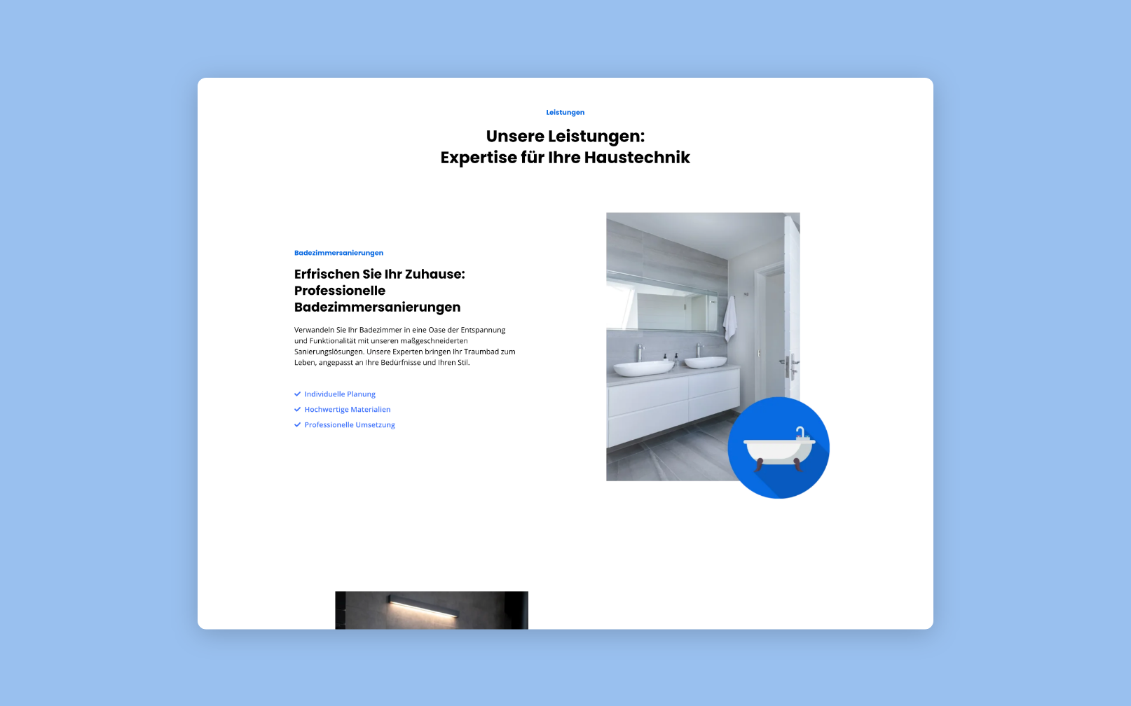Desktop Screen mit den Leistungen über die Badezimmersanierung
