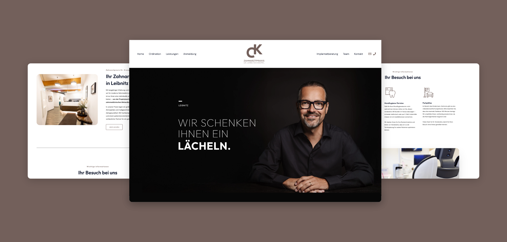 Drei Destop Screens mit Dr. Christian Krempl, Leistungen und einem Bild der Praxis