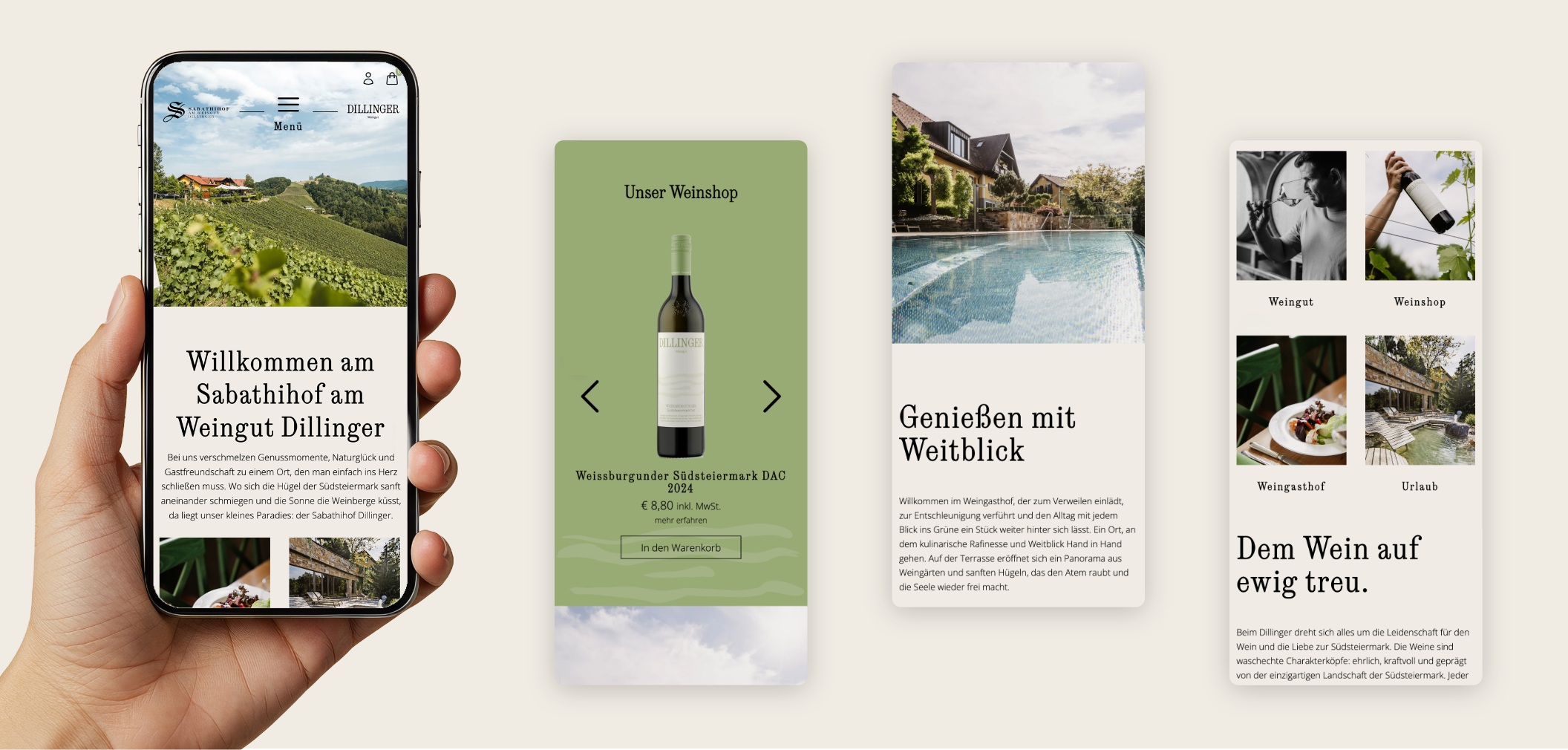 Vier Smartphone Screens über die Startseite und dem Weinshop