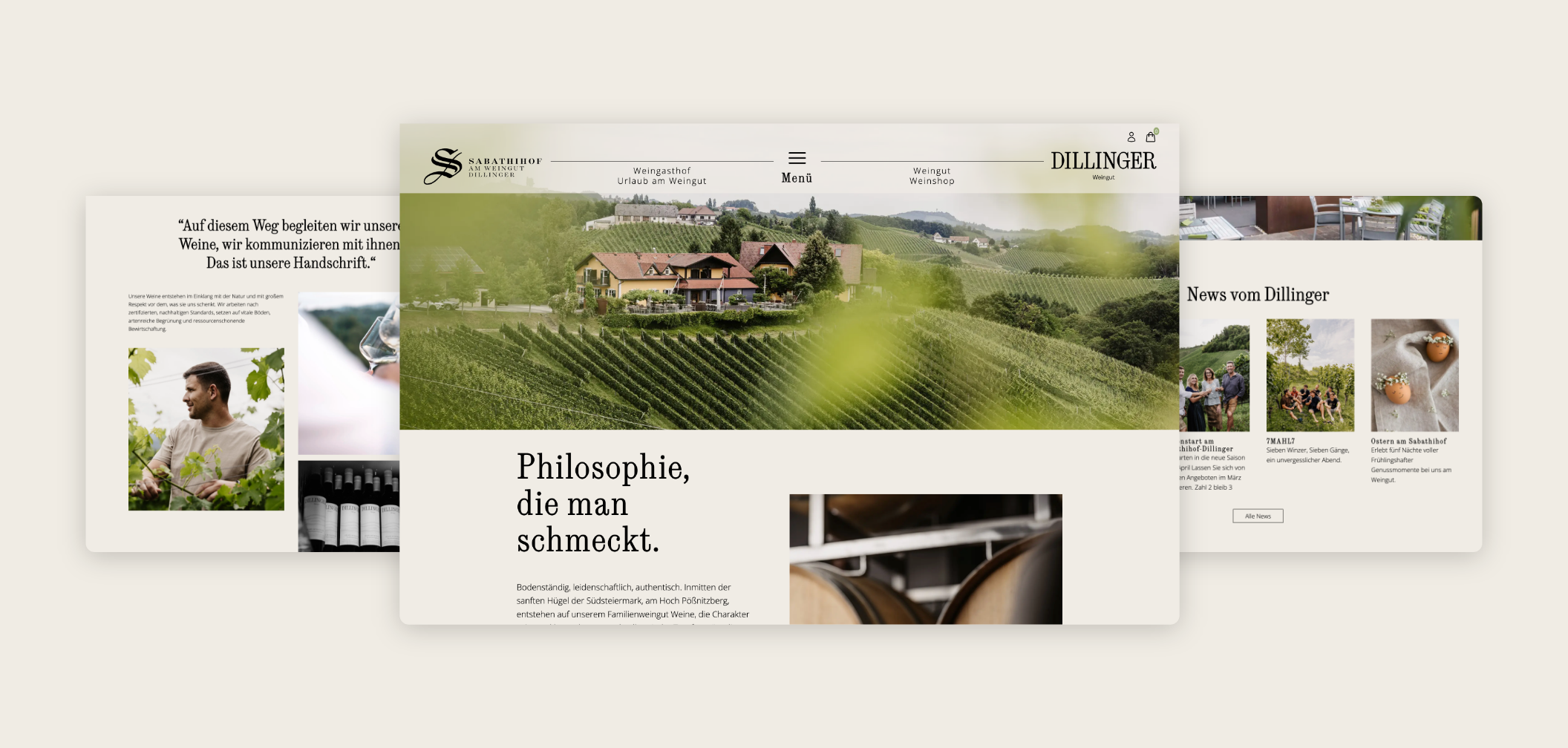 Drei Desktop Screens mit der Philosophie und den Möglichkeiten auf dem Sabathihof