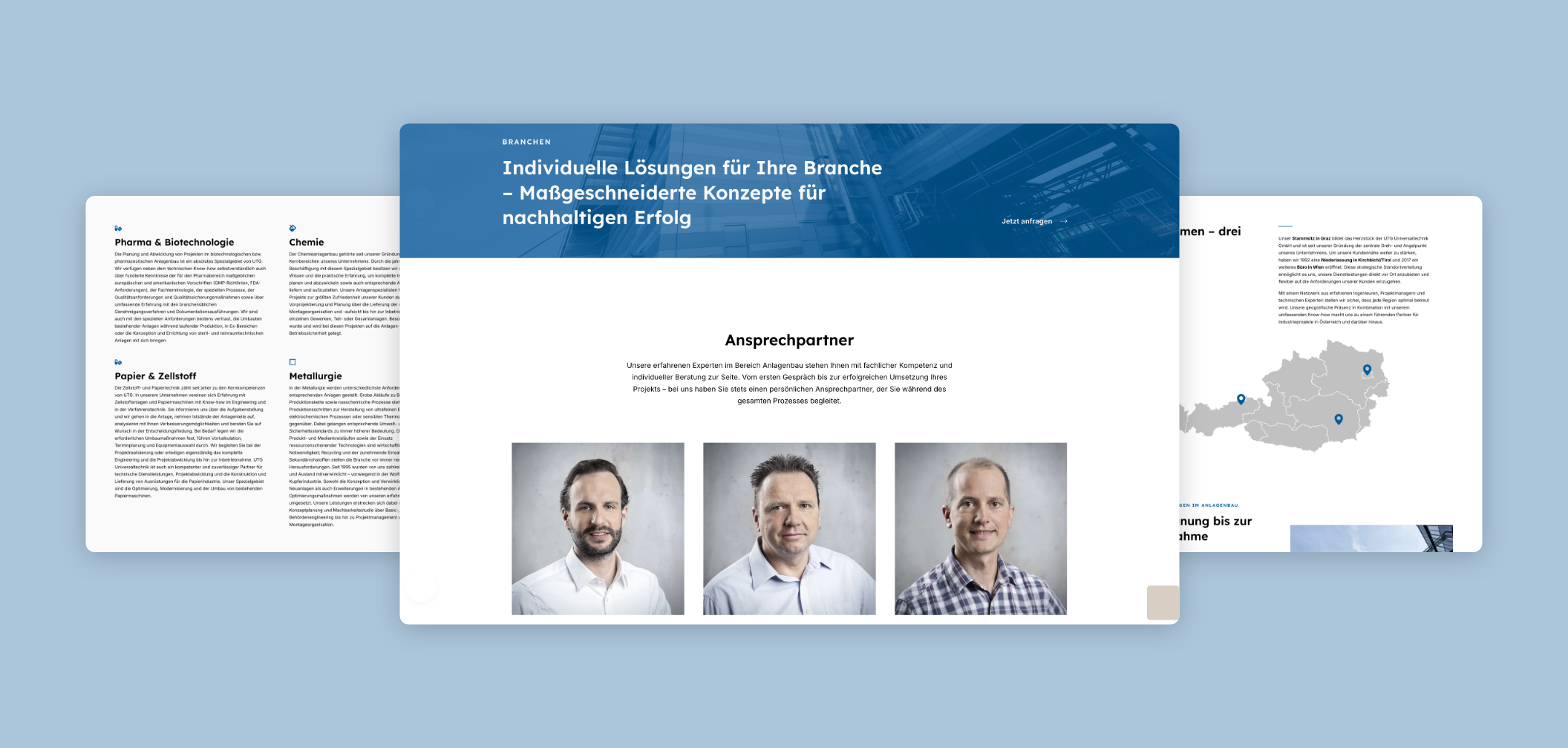 Drei Desktop Screens mitdem Team und Philosophie