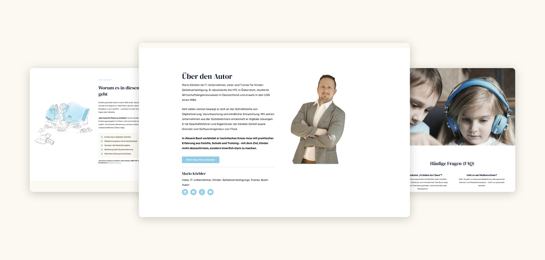 Drei Desktop Screens mit erklärung zum Autor und beschreibung zum Inhalt