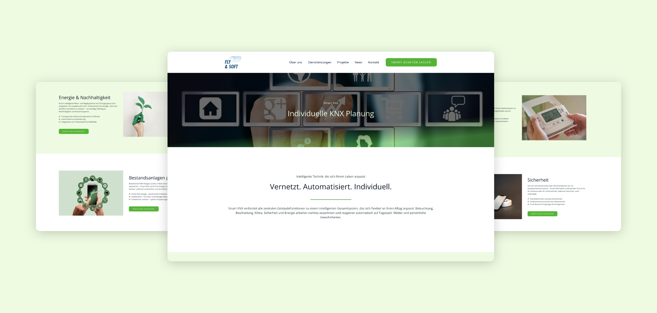 Drei Dektop Screens mit der Startseite und Leistungen
