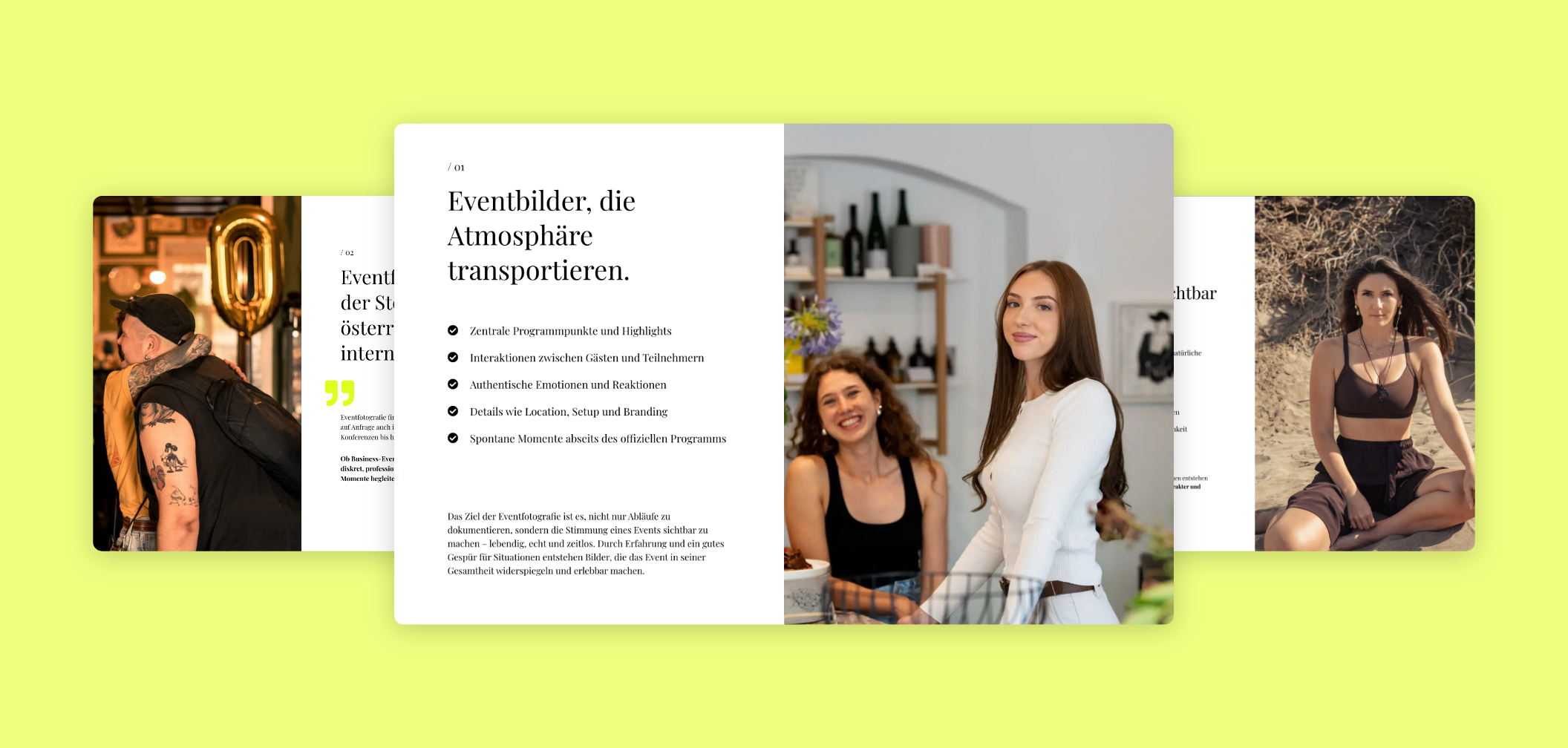Drei Screen mit den Leistungen
