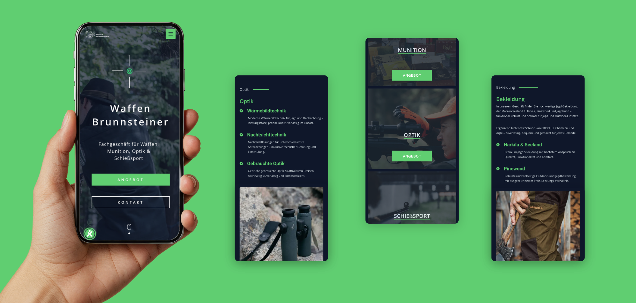 Vier Smartphone screens mit der Startseite und ihren Leistungen